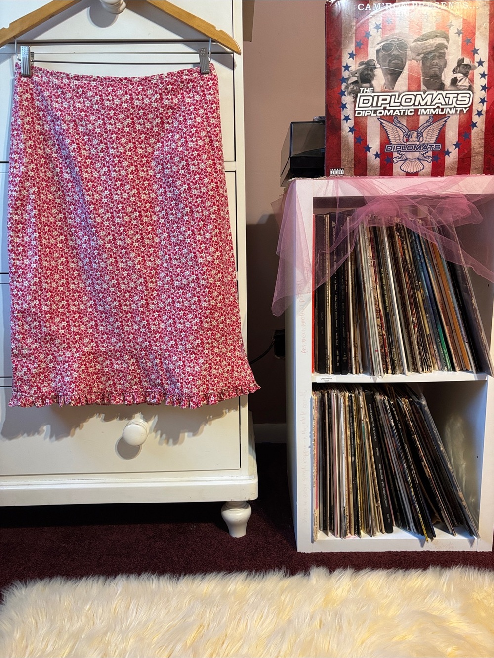 90’s Nanette Lepore Vintage Red Floral Ruffle Hem Skirt Midi Cotton Pink 6 Y2K